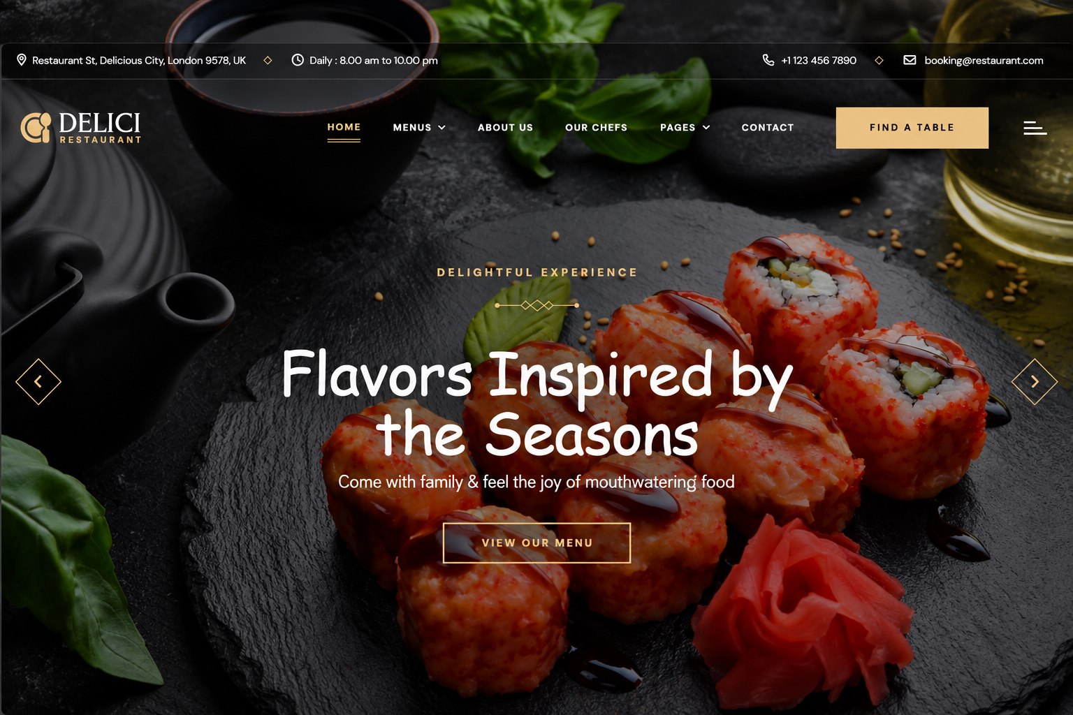 Delici Restaurant website preview with dark food photography and gold navigation