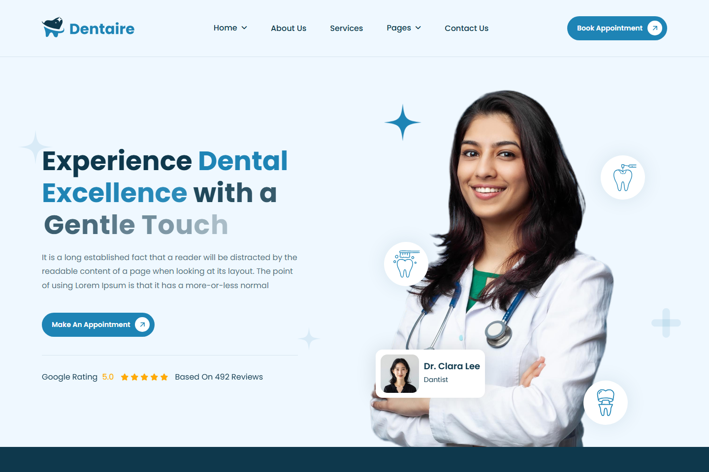 Dentaire dental clinic website with a dentist portrait and appointment button