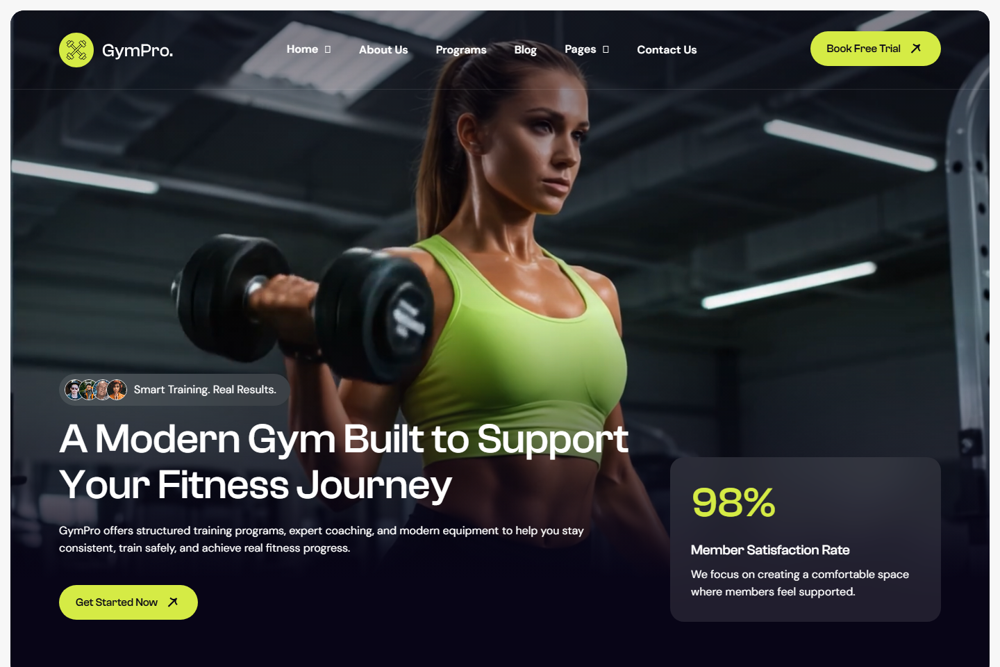 GymPro fitness website with gym imagery and training program introduction