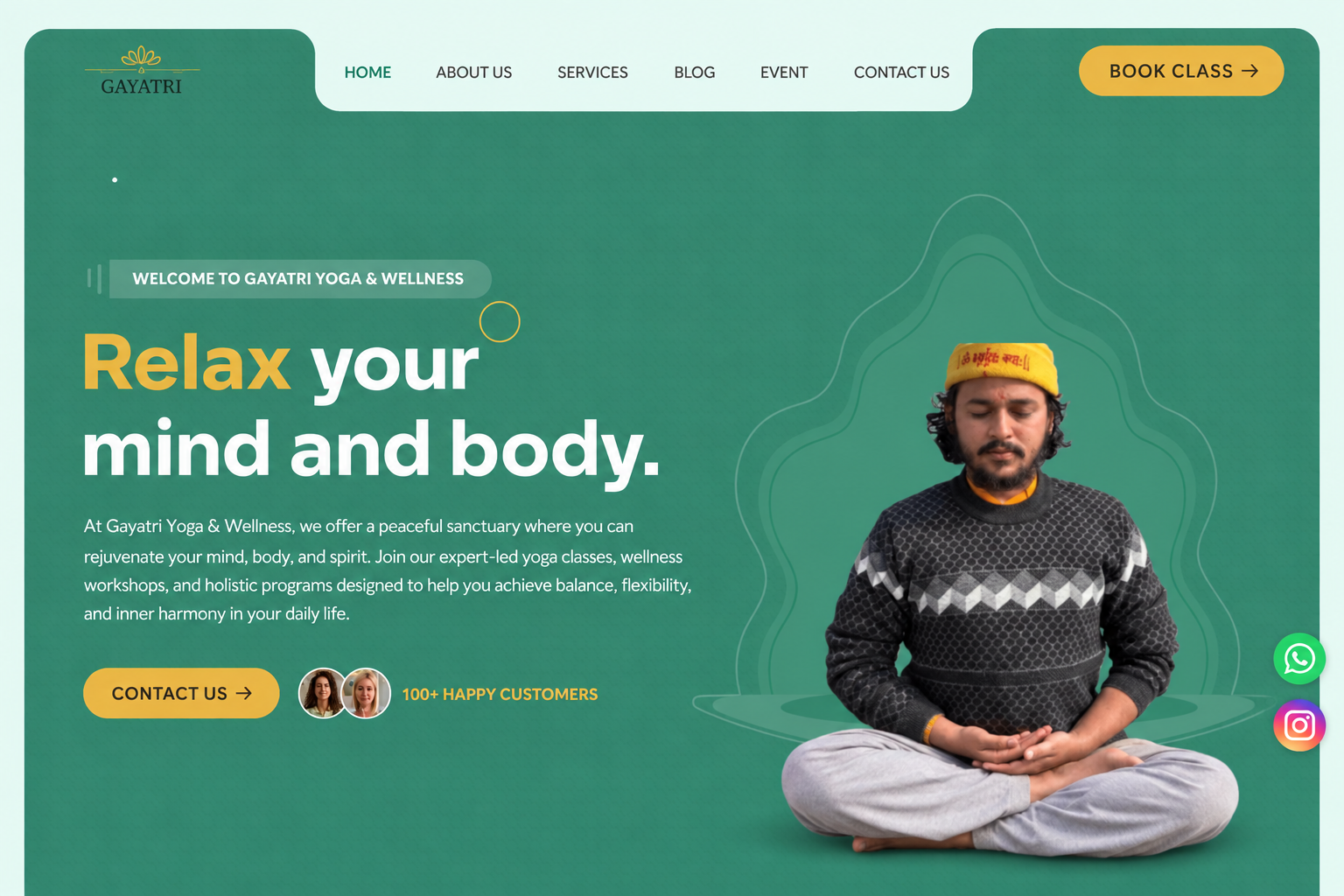 Gayatri Yoga and Wellness website preview with a green yoga hero section