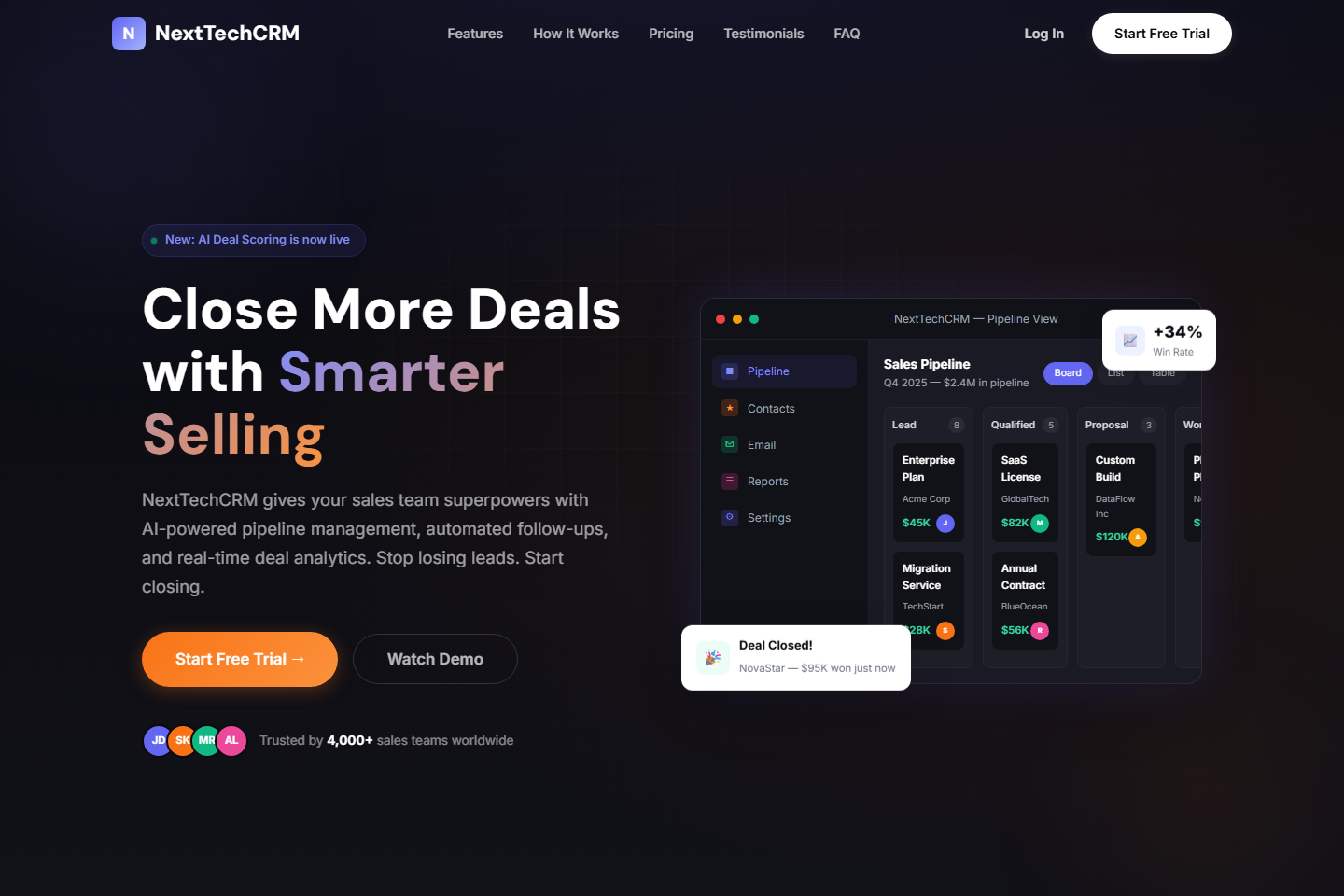 NextTechCRM website with sales pipeline preview