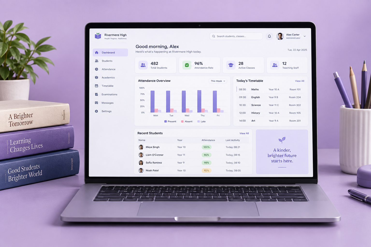 Concept school ERP dashboard with attendance and timetable